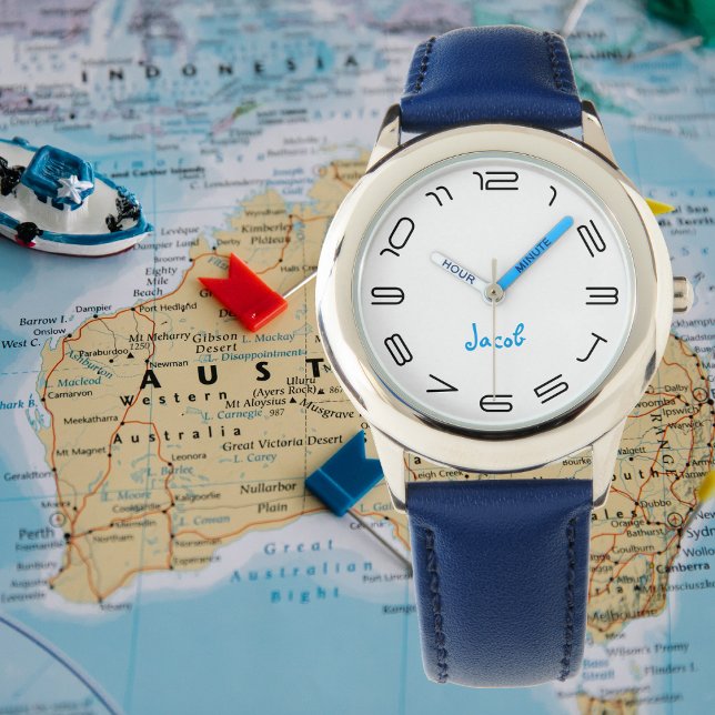ボーイズクールブルーモダン名前をカスタムするキスタイリッシュッズ 腕時計 (Boys Cool Modern Blue Stylish Custom Name Kids Watch)