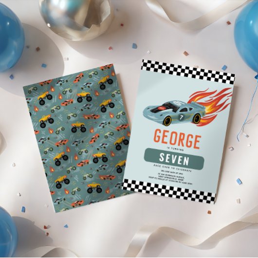 ボーイズクールブルーレーシングカー子供の誕生日 招待状