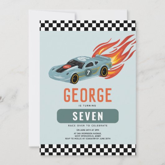 ボーイズクールブルーレーシングカー子供の誕生日 招待状 (正面)