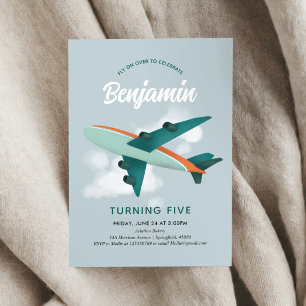 ボーイズクールブルー飛行機旅行5誕生日 招待状