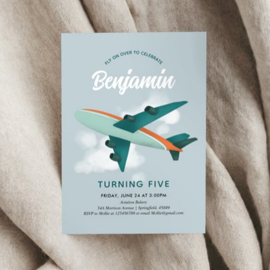 ボーイズクールブルー飛行機旅行5誕生日 招待状
