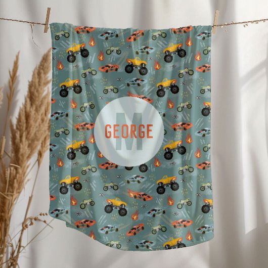 ボーイズクールホットレーシングカーパターンモノグラムキッズ フリースブランケット