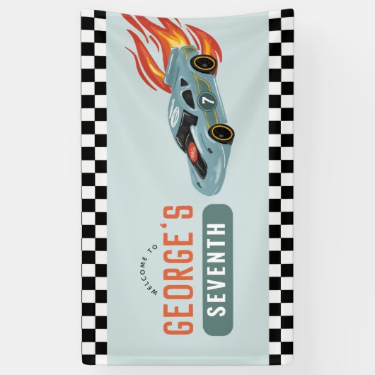 ボーイズクールレーシングカー子供の誕生日へようこそ 横断幕 (縦)