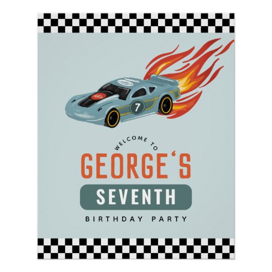 ボーイズクールレーシングカー子供の誕生日ウェルカムサイン ポスター (正面)