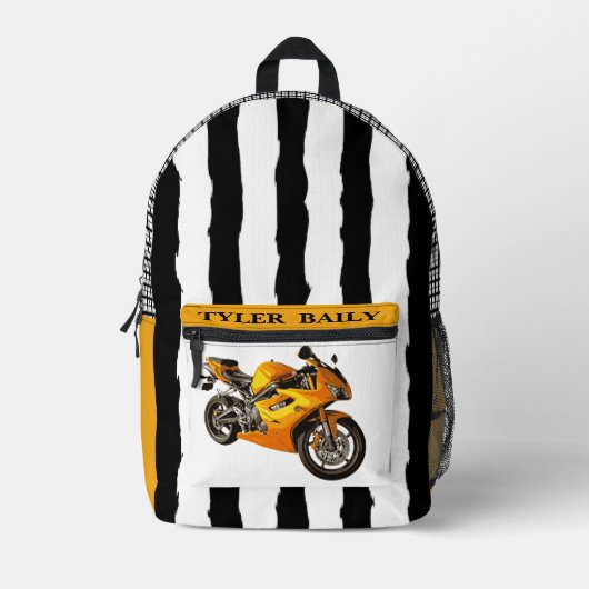 ボーイズクールレーシングモーターバイクブラック&ホワイトストライプ プリントバックパック (正面)