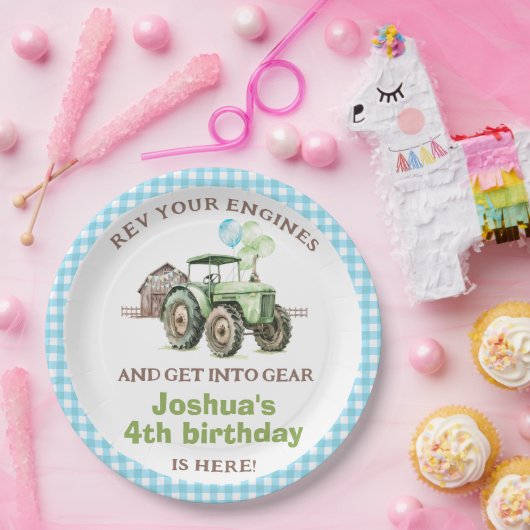 ボーイズグリーンブルーバルーントラクター誕生日 ペーパープレート (パーティー)