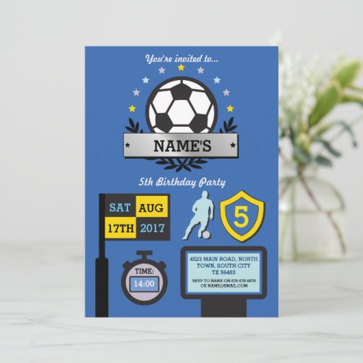 ボーイズサッカーパーティー誕生日スポーツブルー招待状 招待状 (スタンド正面)