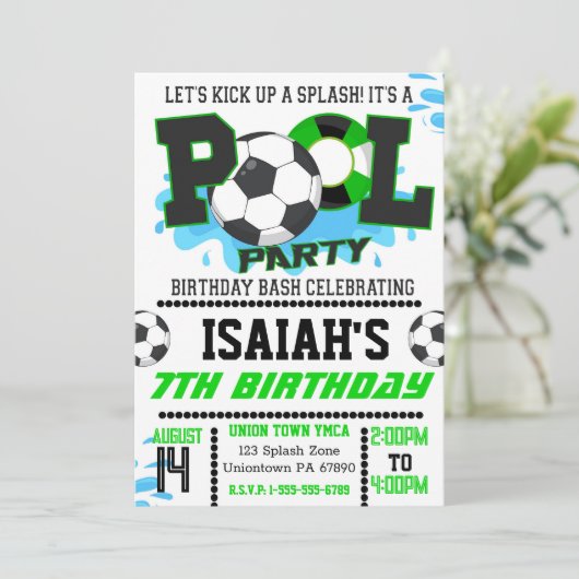 ボーイズサッカープールパーティー誕生日招待状 招待状 (スタンド正面)