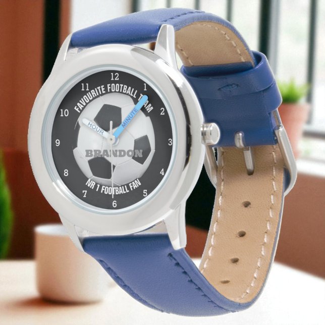 ボーイズサッカーボールブラックスタイリッシュ名前をカスタムするキッズ 腕時計 (クリエイターアップロード済み)