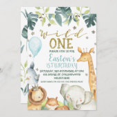 ボーイズサファリワイルドワンファースト誕生日 招待状 (正面/裏面)