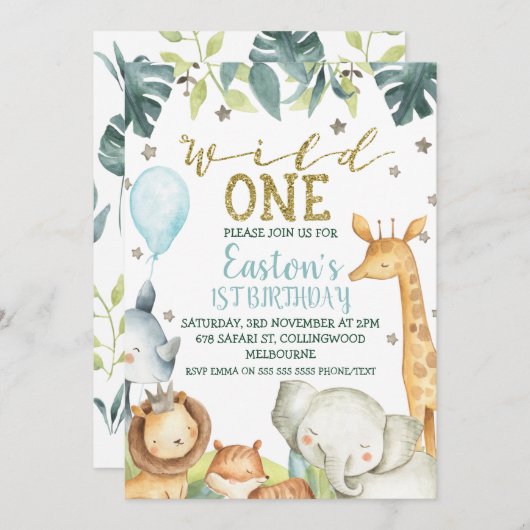 ボーイズサファリワイルドワンファースト誕生日 招待状 (正面/裏面)