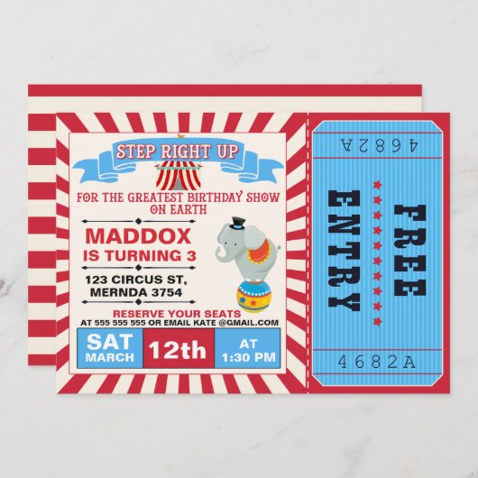 ボーイズサーカスチケット誕生会の招待 招待状 (正面/裏面)