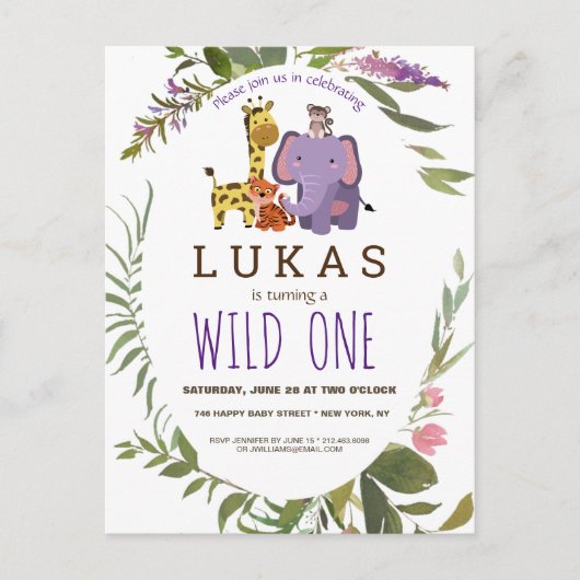 ボーイズジャングルサファリアニマルワンバースデー招待状 ポストカード (正面)