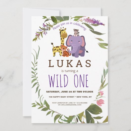 ボーイズジャングルサファリアニマルワン誕生日パーティー 招待状 (正面)