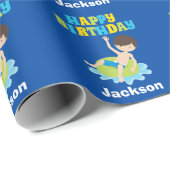 ボーイズスイミングプールパーティーキッズブルー誕生日 ラッピングペーパー (ロールコーナー)