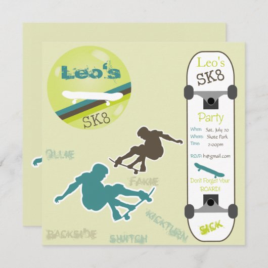 ボーイズスケートボードパーティの招待状 招待状 (正面/裏面)