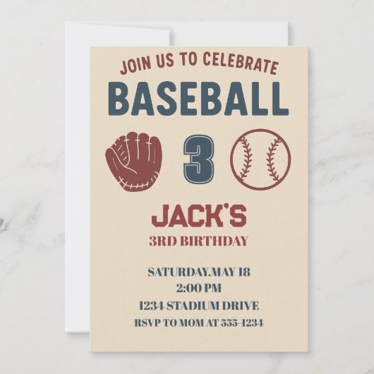 ボーイズスポーツ野球かわいい誕生日パーティー 招待状 (正面)