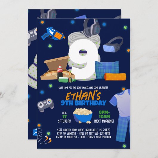 ボーイズスリープパジャマパーティの招待状 招待状 (正面/裏面)