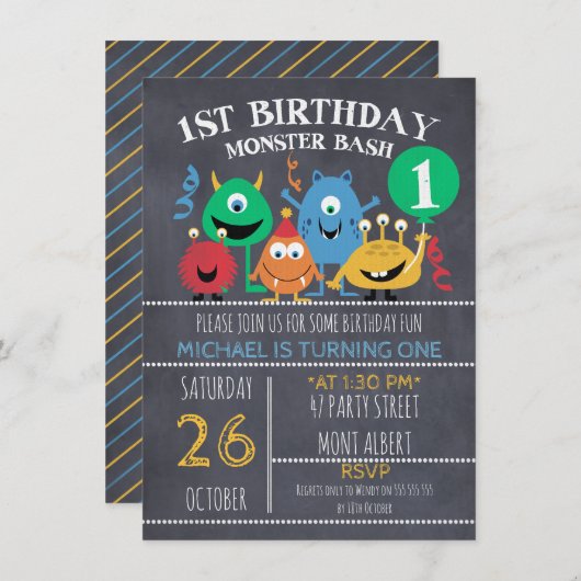 ボーイズチャルクボードモンスターズ1st誕生日招待状 招待状 (正面/裏面)