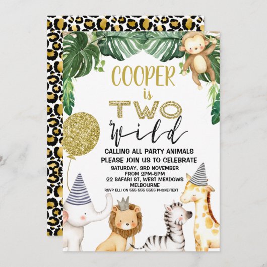 ボーイズチーターサファリツーワイルド誕生日招待状 招待状 (正面/裏面)