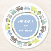 ボーイズトイズパステルブルーキッズトランスポートバースデーパーティー ラウンドペーパーコースター (正面)