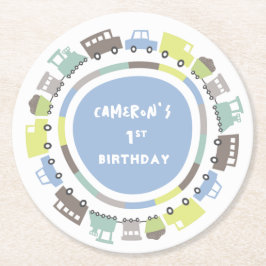 ボーイズトイズパステルブルーキッズトランスポートバースデーパーティー ラウンドペーパーコースター