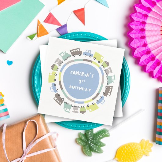 ボーイズトイズパステルブルートランスポートキッドバースデーパーティー スタンダードカクテルナプキン