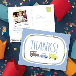 ボーイズトイパステルブルーキッズバースデーパーティーありがとう ポストカード