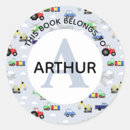 ボーイズトラクタートレイン飛行機と名前蔵書票 ラウンドシール