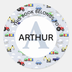 ボーイズトラクタートレイン飛行機と名前蔵書票 ラウンドシール