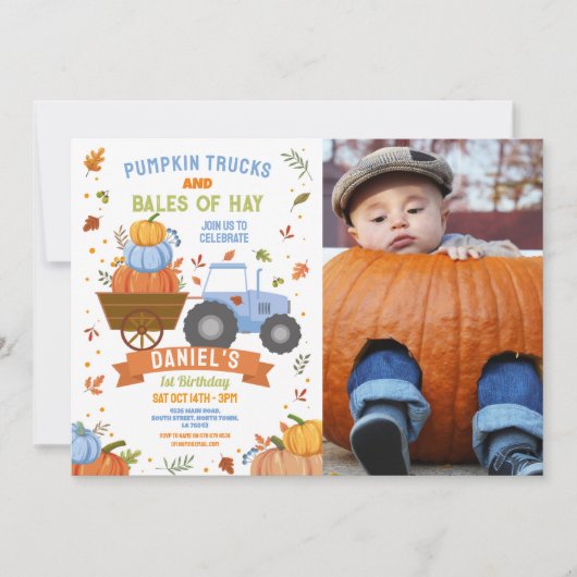 ボーイズトラクターパンプキン誕生日ハーベストパーティー 招待状 (正面)