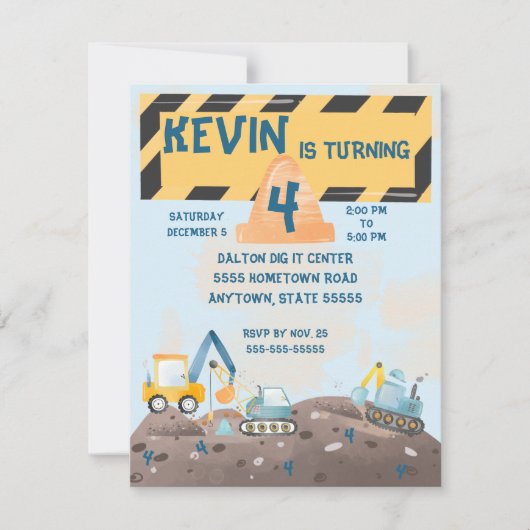 ボーイズトラクター掘り誕生日招待状 サンキューカード (正面)