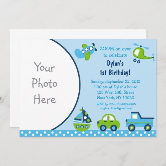 ボーイズトランスポーションフォト誕生日招待状 招待状 (正面/裏面)