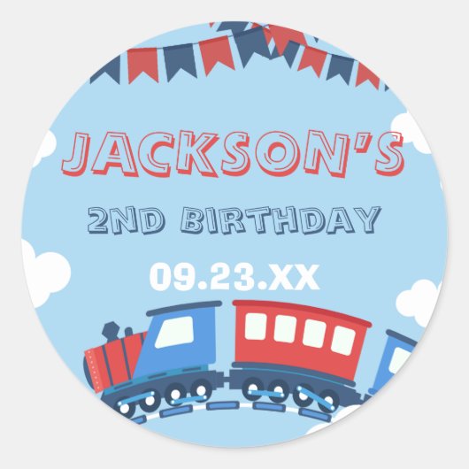ボーイズトレインチュガ2つのフラッグブルーレッドホワイト誕生日 ラウンドシール (正面)