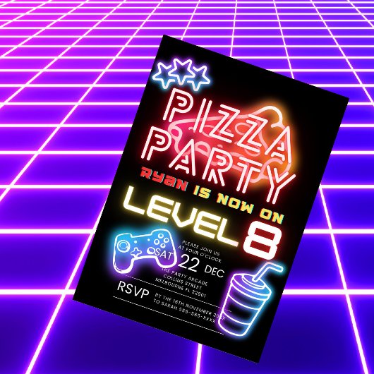 ボーイズネオンピザパーティー誕生日招待状 招待状