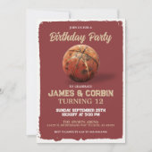 ボーイズバスケットボールレッドテーマダブルバースデーパーティー 招待状 (正面)