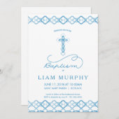 ボーイズバプティスマス招待状ファンシー-青十字- 5x7 招待状 (正面/裏面)