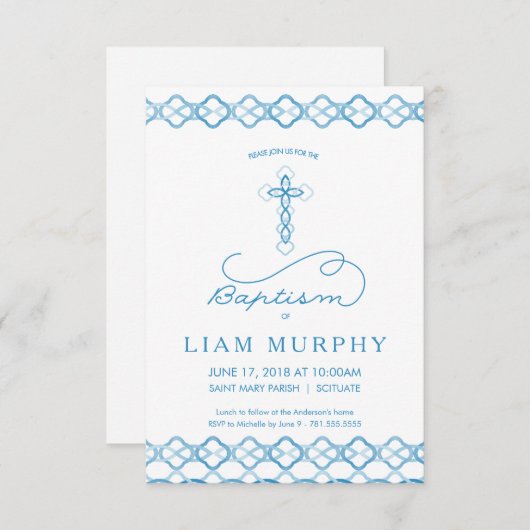 ボーイズバプティスマ招待状-ブファンシールークロス 招待状 (正面/裏面)