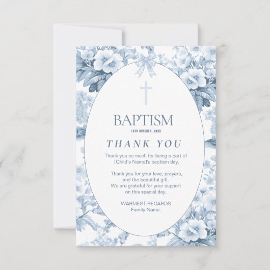 ボーイズバプテスマサンキューカード、ブルーヴィンテージフローラ サンキューカード (正面)
