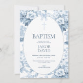 ボーイズバプテスマ招待状ブルーヴィンテージフローラトワール 招待状 (正面)