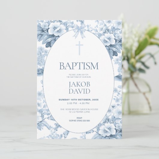 ボーイズバプテスマ招待状ブルーヴィンテージフローラトワール 招待状 (スタンド正面)