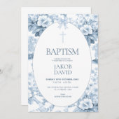 ボーイズバプテスマ招待状ブルーヴィンテージフローラトワール 招待状 (正面/裏面)