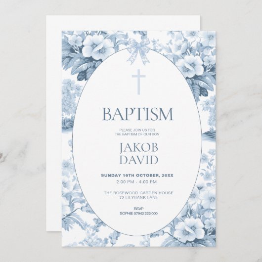 ボーイズバプテスマ招待状ブルーヴィンテージフローラトワール 招待状 (正面/裏面)