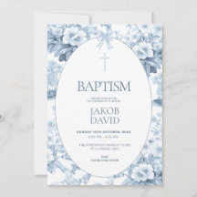 ボーイズバプテスマ招待状ブルーヴィンテージフローラトワール