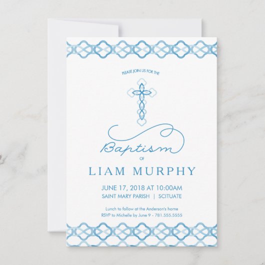 ボーイズバプテスマ、《キリスト教》洗礼式や命名式招待状-ブルークロス 招待状 (正面)