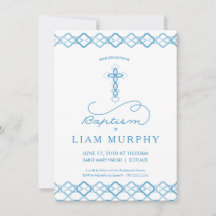 ボーイズバプテスマ、《キリスト教》洗礼式や命名式招待状-ブルークロス