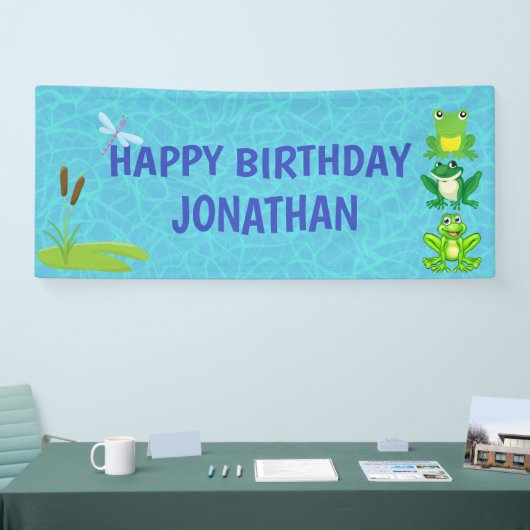 ボーイズパーソナライズされたカエル誕生日バナー 横断幕 (トレードショー)