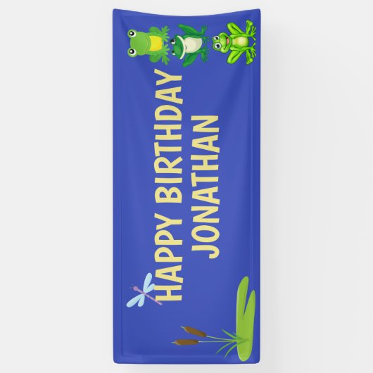 ボーイズパーソナライズされたカエル誕生日ブルーイエローバナー 横断幕 (縦)