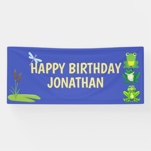 ボーイズパーソナライズされたカエル誕生日ブルーイエローバナー 横断幕 (横)