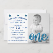 ボーイズファースト誕生日ブルーグリッターフォト 招待状 (正面)